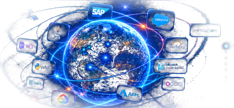 Digital Earth surrounded by enterprise technology platforms and cloud technologies